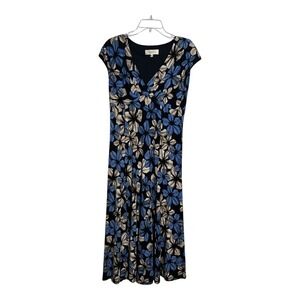 K Kasper Floral Maxi Dress‎ Women's Size 8 Black Blue Tan V Neck Sleeveless